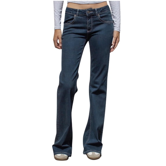 Olyvenn Low Waist Bell Bottom Jeans for Women Y2k Straight Leg Stretch Bootcut Jeans Boyfriend Flare Denim Pants Dark Blue S