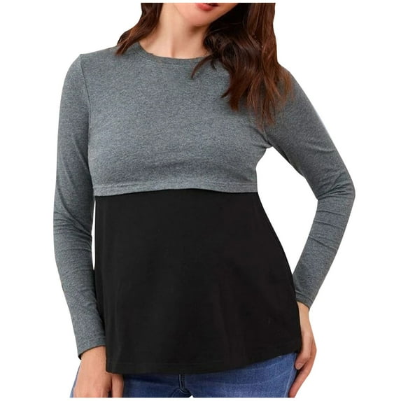 Olyvenn Maternity Clothes Breastfeeding Maternity Wear Long Sleeve Round Neck Top Casual and Comfortable Maternity Clothes Gray 10