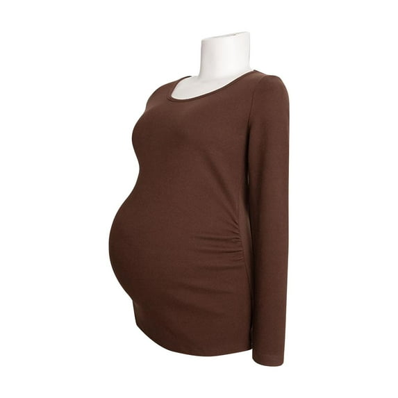 Olyvenn Maternity Shirt Long Sleeve Basic Top Ruch Sides Bodycon Tshirt for Pregnant Women Pregnancy Tee Top Mama Tunic Blouse Coffee 8-10