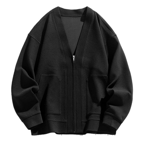 Olyvenn Men's 2024 Fall Winter Cardigan Sweater Long Sleeve Casual V Neck Zip up Knitted Sweater V-Neck with Pockets Black 6