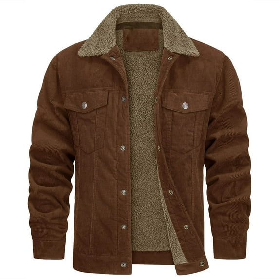 Olyvenn Men's Corduroy Jacket Sherpa Lined Fleece Trucker Jackets Cotton Turn-down Collar Jacket Warm Winter Coat Brown 6