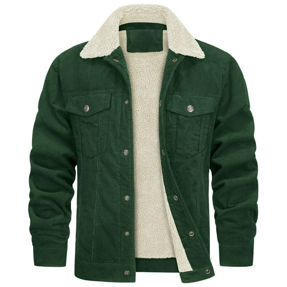 Olyvenn Men's Corduroy Jacket Sherpa Lined Fleece Trucker Jackets Cotton Turn-down Collar Jacket Warm Winter Coat Green 10