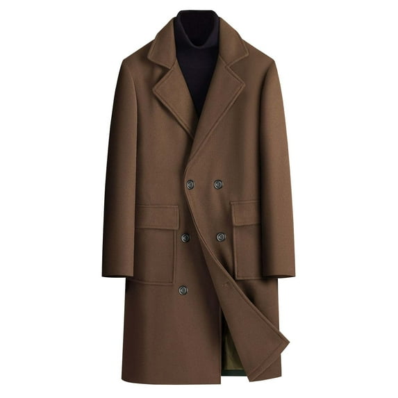 Olyvenn Men's Double-Breasted Long Trench Peacoat Notched Lapel Dress Coat with Flap Pockets for Fall Winter Coffee 12