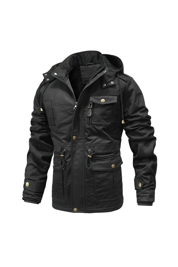 Men's Heavy MIltary Parka Fleece Insulated Sherpa Hood Top Oversized Casual Mountain Outerwear Stand Collar Windproof Coat Black 4