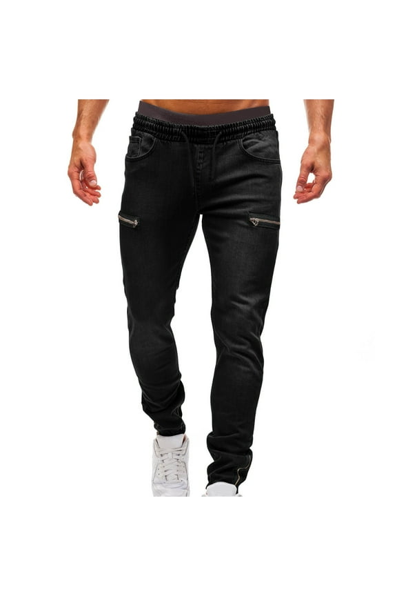 Men's Jogger Jeans with Zipper Pockets Drawstring Elastic Waist Denim Pants Stretch Slim Fit Trousers Black 8