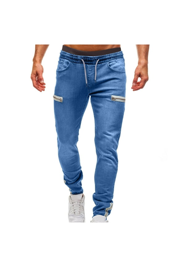 Men's Jogger Jeans with Zipper Pockets Drawstring Elastic Waist Denim Pants Stretch Slim Fit Trousers Blue XXXXL