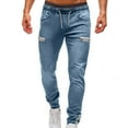 thumbnail image 1 of Olyvenn Men's Jogger Jeans with Zipper Pockets Drawstring Elastic Waist Denim Pants Stretch Slim Fit Trousers Light Blue 6, 1 of 6