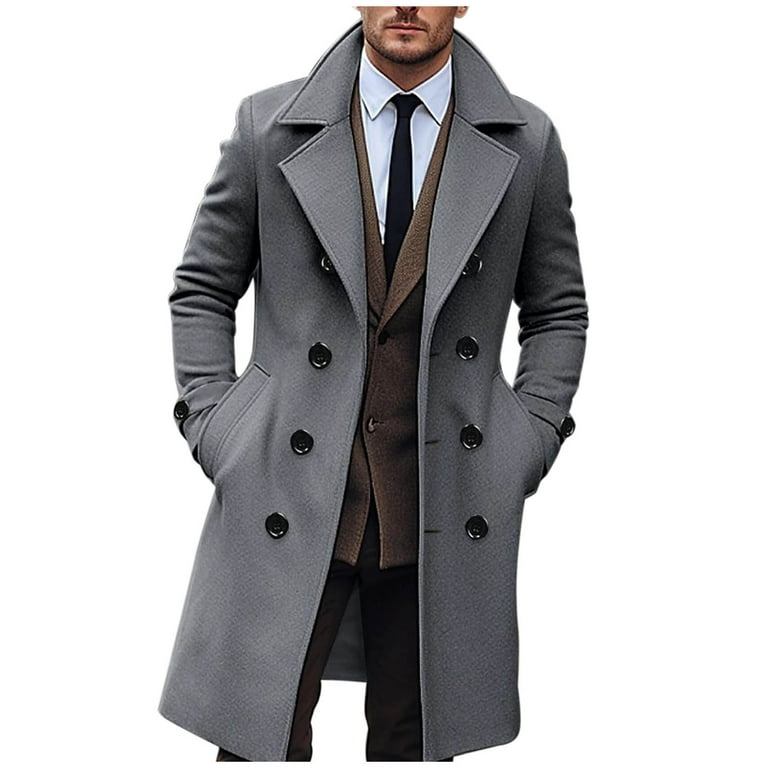 Olyvenn Men's Long Trench Coat Outdoor Windbreaker French Business Overcoat  Fashion Streetwear Double Breasted Pea Coat Notched Collar Dark Gray 14
