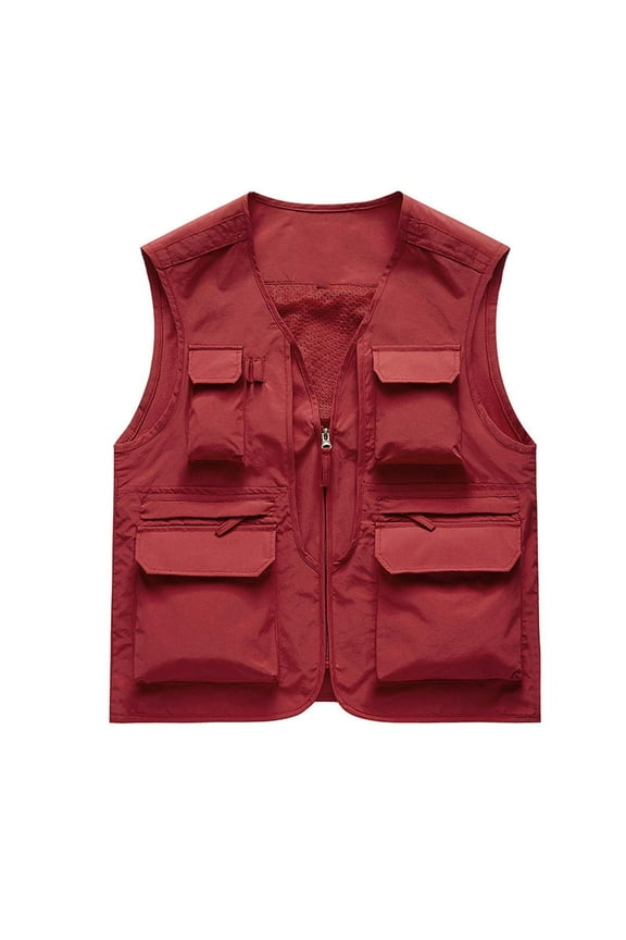 Men's Multi-Pocket Quick Dry Vest Lightweight Breathable Mesh Fall Travel Safari Fishing Vest Photographer Waistcoat Jacket Red 14