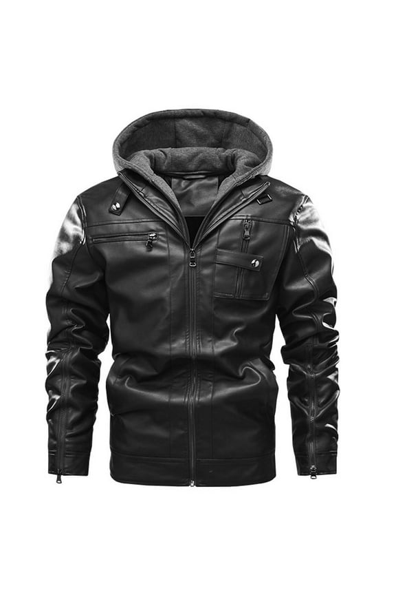 Men's Multi-pocket Large Size Leather Jacket Clip Cotton Jacket With Long Zip Up Cuffs Detachable Hooded Jacket Winter Warm Long Sleeve Fleece Puffer Jacket Padded Overcoat Black 6