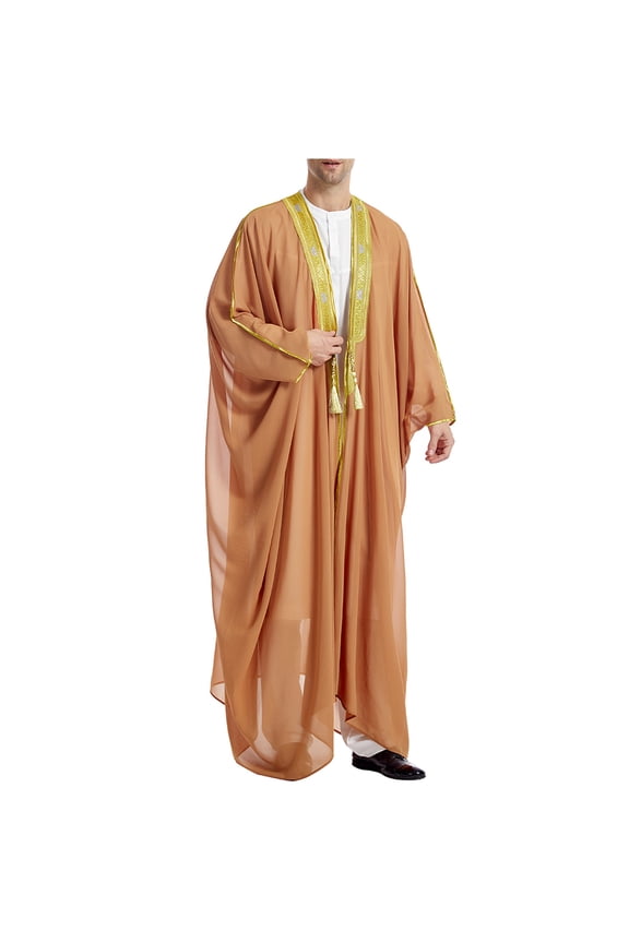 Men's Muslim Jubba Thobe Long Sleeve Loose Fit Islamic Clothing Arab Kaftan Dubai Abaya Saudi Arabia Men's Clothing Khaki 6