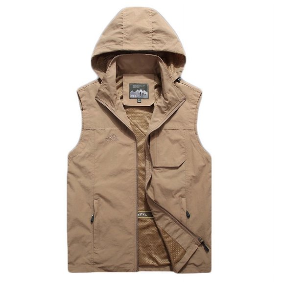 Olyvenn Men's Outdoor Lightweight Sleeveless Hooded Vest Windproof Water-Resistant Gilet Hiking Vest with Multi Pockets Khaki 8