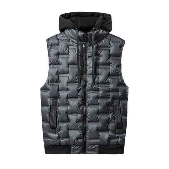 Olyvenn Men's Puffer Vest Outdoor Padded Warm Outerwear Softshell Travel Hiking Vest with Removable Drawstring Hooded Sleeveless Coat Gray 8