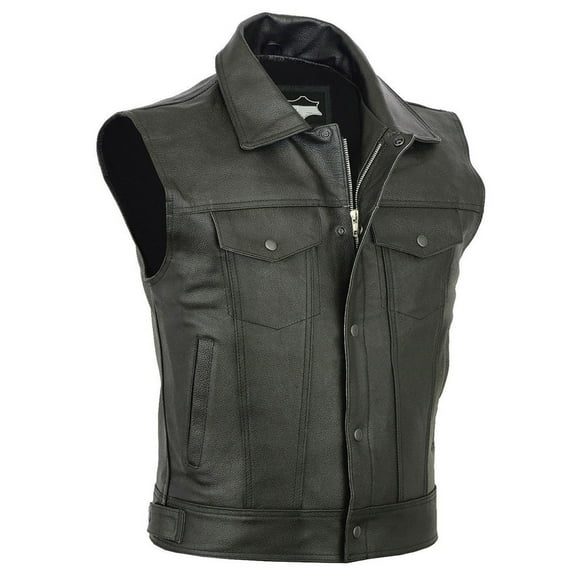 Olyvenn Men's Slim Fit Biker Genuine Leather Vest Cowboy Sleeveless Waistcoat Black Denim Jean Jacket Vest with Snap Button Black 4