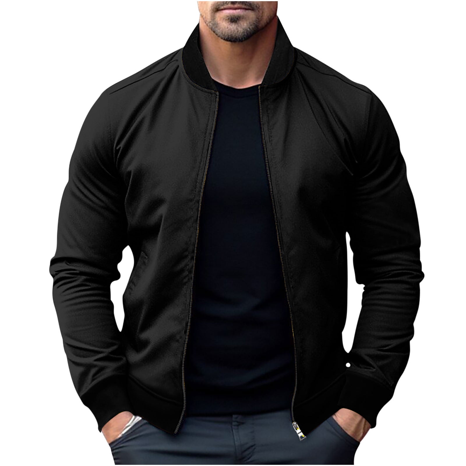 Men's Mock Collar Black Solid Casual Bomber Jacket