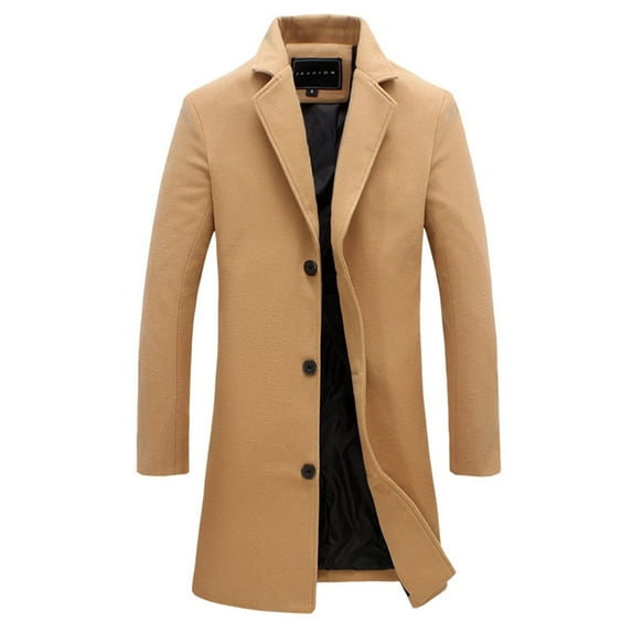 Olyvenn Men's Slim Winter Wool Blend Coat Single Breasted Business Long Pea Coats Notched Lapel Trench Jacket Overcoat Khaki 14