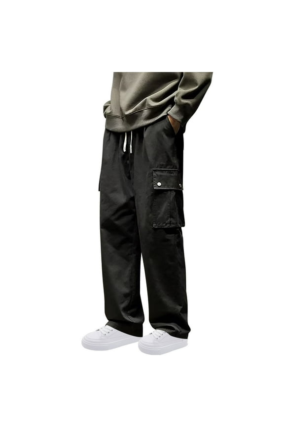 Men's Straight Leg Cargo Pants with Multi Pockets Baggy Fit Drawstring Solid Trousers Streetwear Hip Hop Jogger Pants Black 4