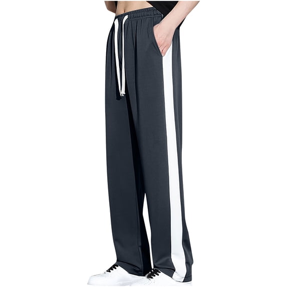 Olyvenn Men's Straight Leg Long Pants with Side Stripe Drawstring Closure Loose Fit Trousers with Pockets Dark Gray 16