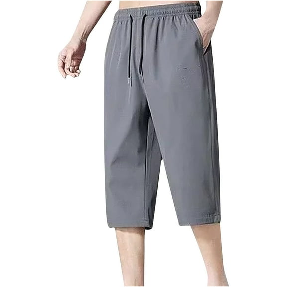 Olyvenn Men's Summer Shorts Pockets Drawstring Elastic Waist Bermuda Beach Shorts Solid Loose Fit Capri Pants 3/4 Length Trousers Dark Gray 18