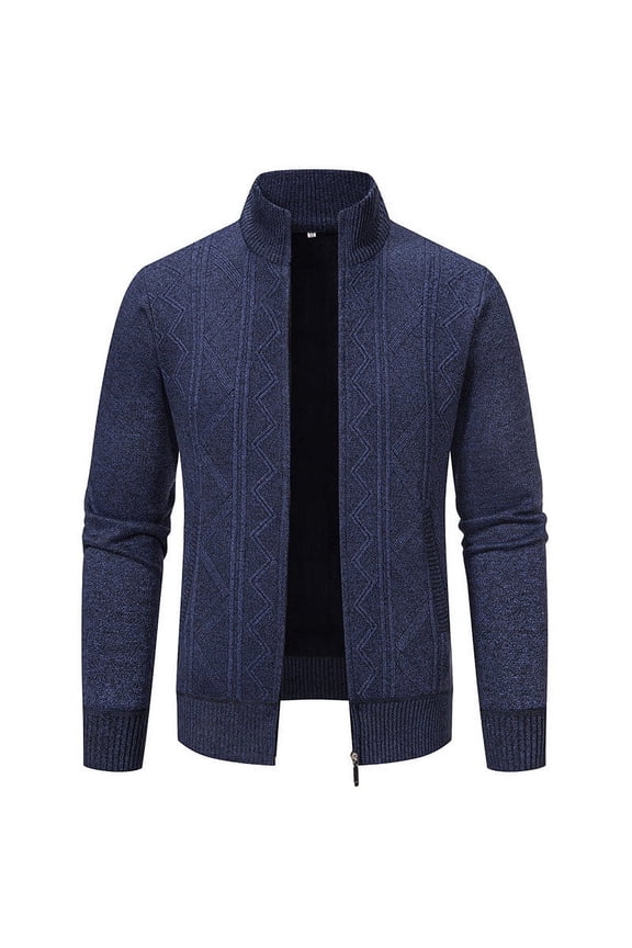 Men's Turtleneck Wool Blend Geometric Print Long Sleeve Full Zip Plus Size Knitted Sweater Cardigan Jacket with Pockets Navy 12