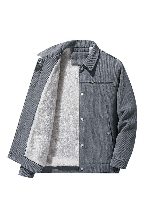 Men's Vintage Fleece Sherpa Lined Corduroy Denim Trucker Jackets Lapel Button Down Thickened Winter Coats Gray 10