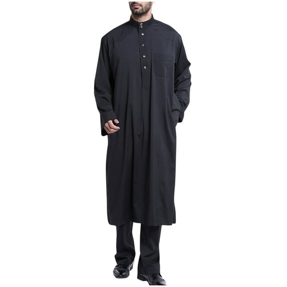 Olyvenn Men's White Thobe Round Neck Long Sleeve Loose Fit Jubba Long Dress Men's Muslim Robe Arab Robe Long Style Long Sleeve Round Collar Pockets Long Shirt Fashion Casual Robe Black 6