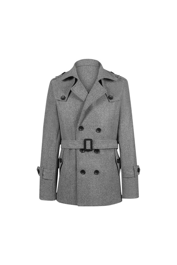 Men's Winter Coat Wool Trench Peacoat Classic Notched Collar Belted Overcoat Double Breasted Slim Fit Top Jacket Gray 12