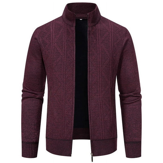 Olyvenn Men's Winter Warm Knitted Cardigan Sweater Coats Fleece Lined Thickened Zipper Stand Collar Outwear with Pockets Wine 12