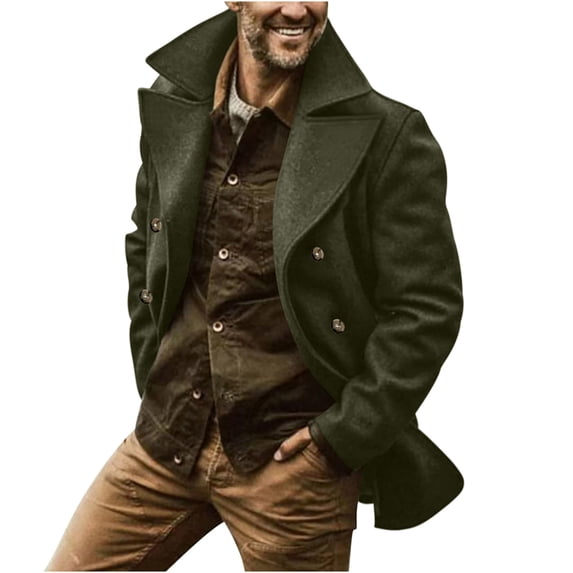 Olyvenn Men's Wool Blend Peacoat Notched Lapel Double Breasted Warm Winter Long Trench Overcoat with Two Welt Pockets Army Green 6