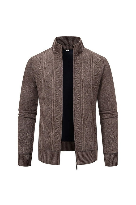 Mens Decent Full Zip Stand Collar Cardigans Business Casual Button Down Cable Knitted Sweater Blazers Coffee 8