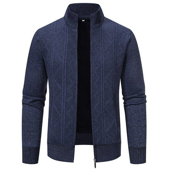 Olyvenn Mens Decent Full Zip Stand Collar Cardigans Business Casual Button Down Cable Knitted Sweater Blazers Navy 8