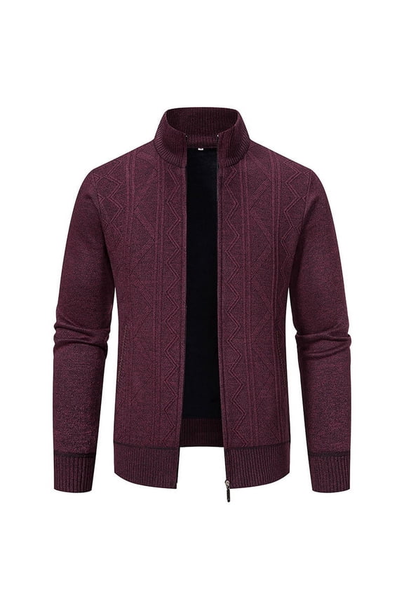 Mens Decent Full Zip Stand Collar Cardigans Business Casual Button Down Cable Knitted Sweater Blazers Wine 8