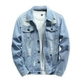 thumbnail image 1 of Olyvenn Mens Denim Jacket Ripped Slim Jean Jacket Coat for Men Trendy Long Sleeve Button Down Regular Fit Coats Light Blue 12, 1 of 5