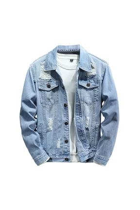 Mens Denim Jacket Ripped Slim Jean Jacket Coat for Men Trendy Long Sleeve Button Down Regular Fit Coats Light Blue 6