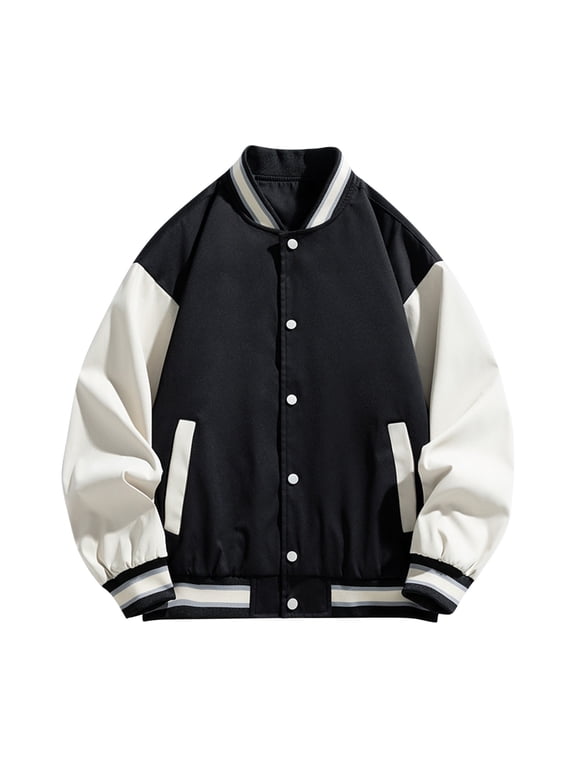 Mens Fashion Varsity Jacket Casual Slim Fit Cotton Bomber Jackets Unisex College Jacket Vintage Baseball Jacket Coat Black 24