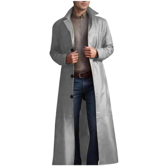 Olyvenn Mens Trench Coat Casual Single Breasted Long Jacket Lightweight PU Leather Trench Coat Long Sleeve Lapel Overcoat Gray 4