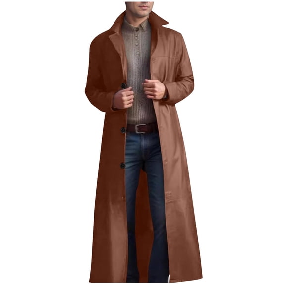 Olyvenn Mens Trench Coat Casual Single Breasted Long Jacket Lightweight PU Leather Trench Coat Long Sleeve Lapel Overcoat Khaki 14