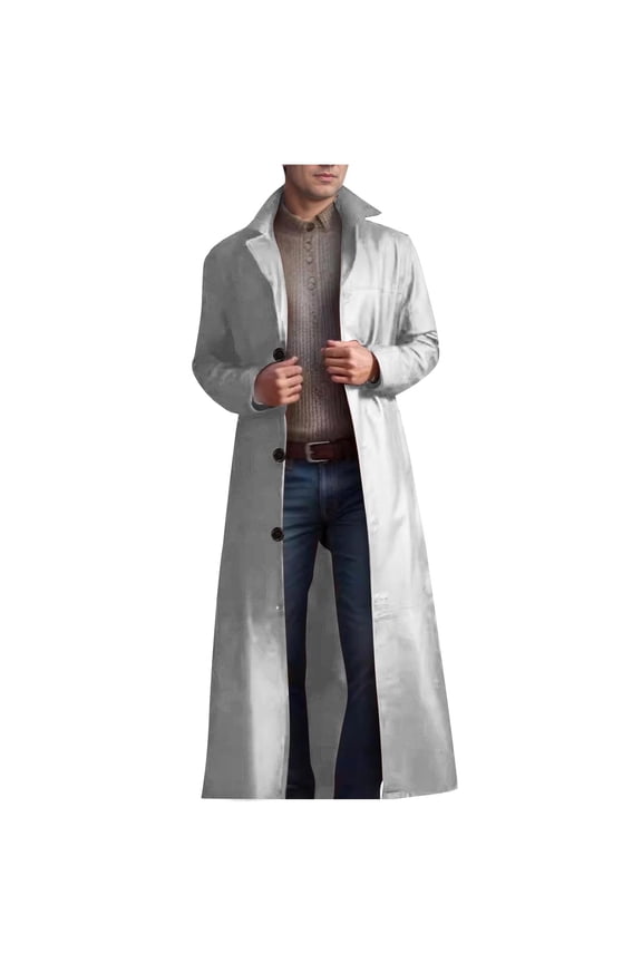 Mens Trench Coat Casual Single Breasted Long Jacket Lightweight PU Leather Trench Coat Long Sleeve Lapel Overcoat White 4