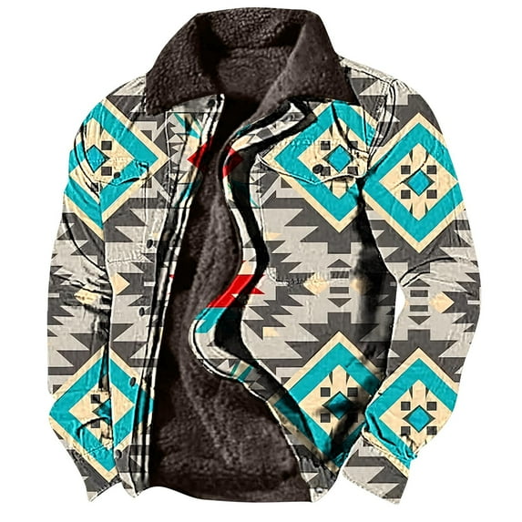 Olyvenn Mens Winter Jacket Western Jackets for Men Vintage Aztec Jacket Fleece Lined Coats Plus Size Cowby Coat Light Blue 10