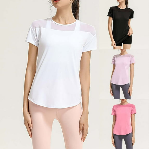 Olyvenn Mesh TShirts for Women Back Cut out Workout Tops Short Sleeve Crewneck Casual Athletic Tees Summer Trendy T-Shirt Black 10