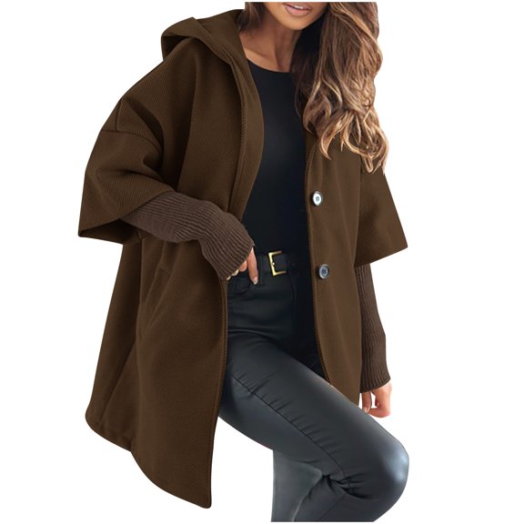 Olyvenn Mid-Long Hooded Woolen Pea Coat for Women Loose Button Down Wool Blend Jacket Winter Overcoat with Pockets Coffee S
