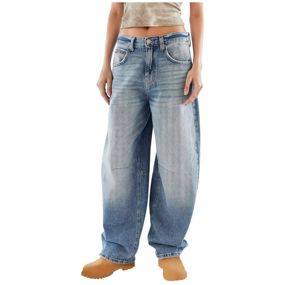 Olyvenn Mid Rise Barrel Jeans for Women Wide Leg Mid Waist Cropped Denim Pants Y2k Baggy Boyfriend Jeans with Pockets Blue 4-6