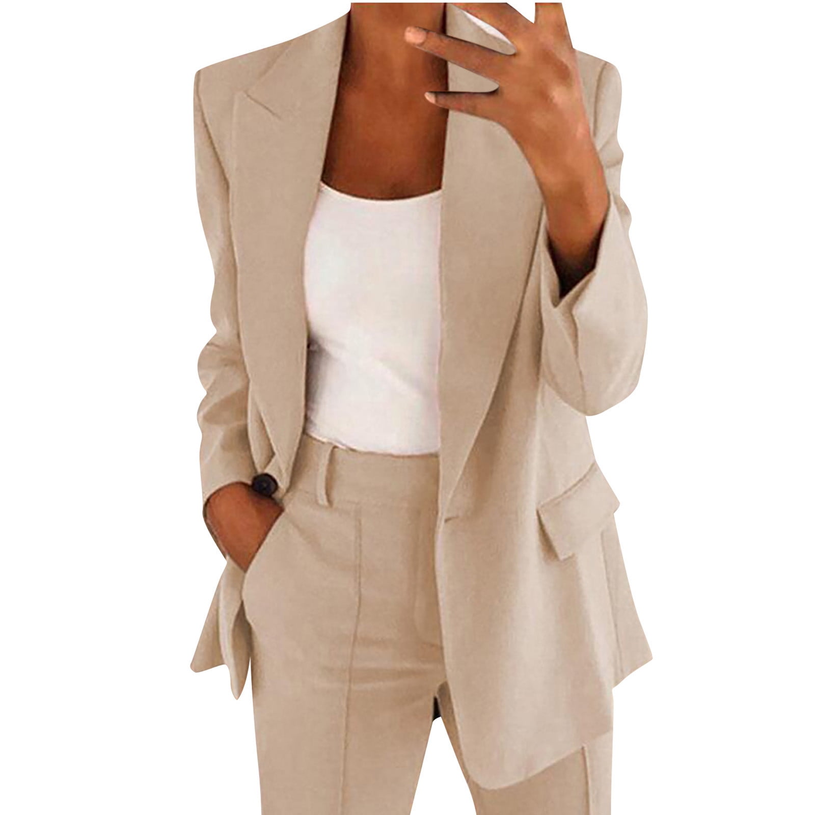 Olyvenn Midi Blazer Cardigan Top Jacket Coat With Pocket Women Business  Attire Long Sleeve Solid Color Ladies Fashion Loose Female Outerwear Beige  XL 