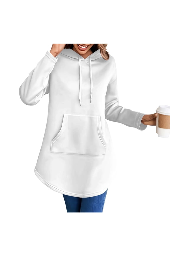 Midi Hoodies for Women Long Sleeve Casual Pullover Drawstring Hooded Sweatshirts with Pocket Curved Hem Solid Fall Tops White M