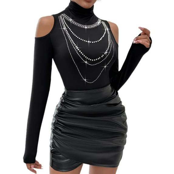 Olyvenn Mock Neck Tops for Women Cold Shoulder Rhinestone Shirts Long Sleeve Sexy Slim Fit Trendy Going Out Casual T-Shirts Black XL