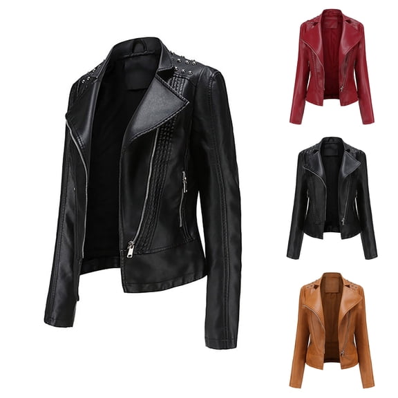 Olyvenn Motorcycle Suit Leather Short Jacket Zip Up Long Sleeve Turn Down Collar Lapel Slim Fit With Pocket Ladies Fashion Solid Color Female Outerwear Black M