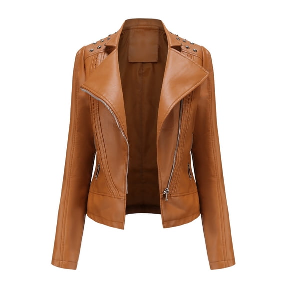 Olyvenn Motorcycle Suit Leather Short Jacket Zip Up Long Sleeve Turn Down Collar Lapel Slim Fit With Pocket Ladies Fashion Solid Color Female Outerwear Gold XL