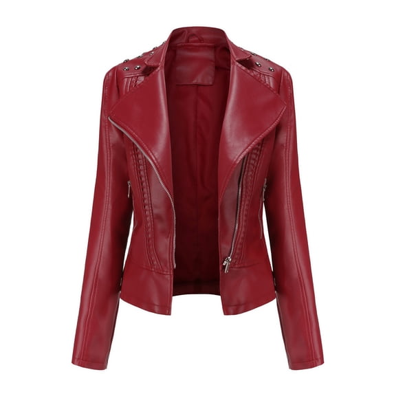 Olyvenn Motorcycle Suit Leather Short Jacket Zip Up Long Sleeve Turn Down Collar Lapel Slim Fit With Pocket Ladies Fashion Solid Color Female Outerwear Red XL