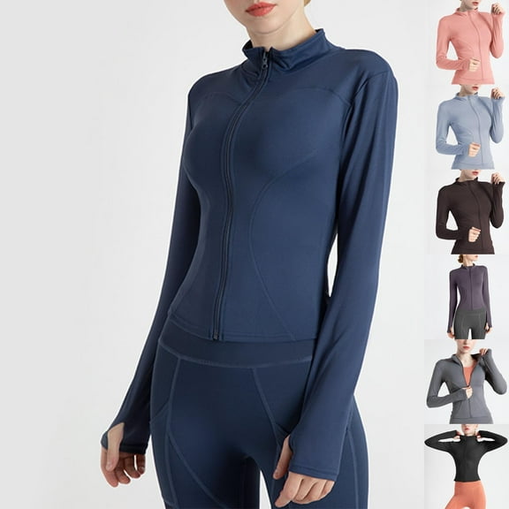 Olyvenn New Fashion Women's Slim Fit Lightweight Athletic Full Zip Stretchy Workout Running Track Jacket with Thumb Holes Tops Black 10