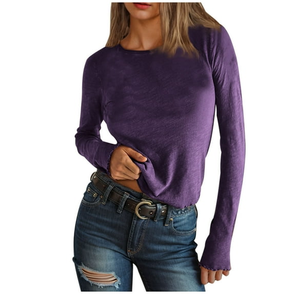 Olyvenn New Fashion Womens Long Sleeve Shirts Spring Fall Casual Silm Fitted Crewneck Solid Color Basic Tops Cropped Blouse Shirts Purple 12